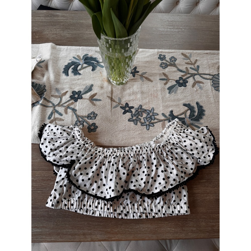 Suboo Polka Dot‎ Crop Top Off Shoulder Ruffle Trim White Black XL - Picture 5 of 9